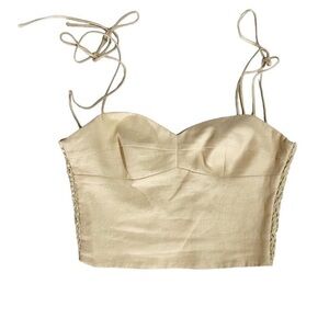 AMANDA UPRICHARD 100% Linen Biege Tan Tie Bow Shoulder Crop Bustier Blouse XS